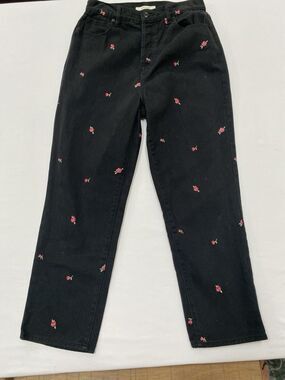 PacSun High Rise Straight Jeans 28 Black Embroidered Rose Floral Mom Denim
